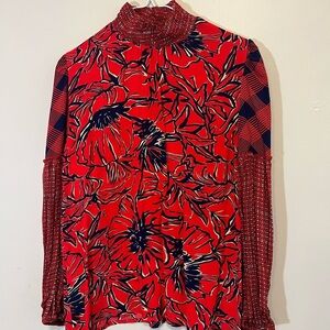 Retro High Neck Long Sleeve Boho Crepe Printed Red Blue Floral Stripe Top - XS